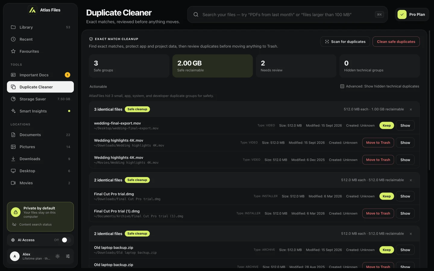 Duplicate Cleaner with three safe groups and 2.00 GB reclaimable