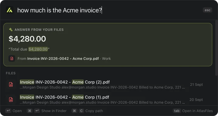 Quick search answering 'how much is the Acme invoice?' with $4,280.00